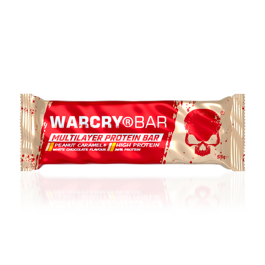 Multilayer Protein Bar WARCRY Peanut Caramel & White Chocolate - Baton proteic fara zahar adaugat scazut in kcal cu aroma de alune si caramel cu ciocolata alba.